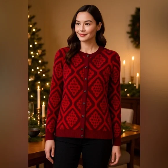 Red Medallion Jacquard Statement Holiday Knit Cardigan Sweater EUC L #653