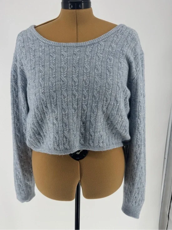 Light Blue Cable Knit Crop Sweater - Women