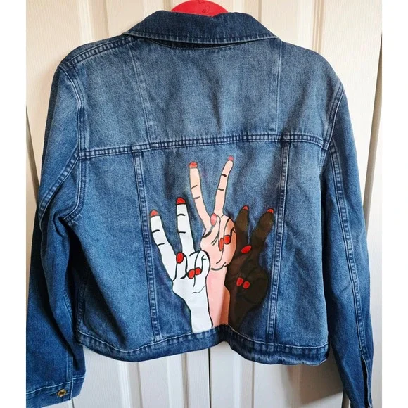 Michael Kors Denim Jacket Women's XL Blue‎ Jean Art Painted Peace Hands MK Logo