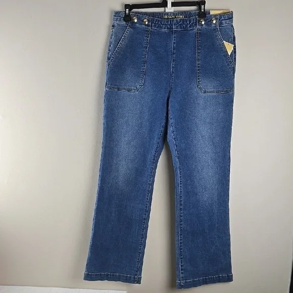 Michael Kors Womens Sailor Wide Leg Jeans Medium Wash‎ Blue Gold Buttons Size 14
