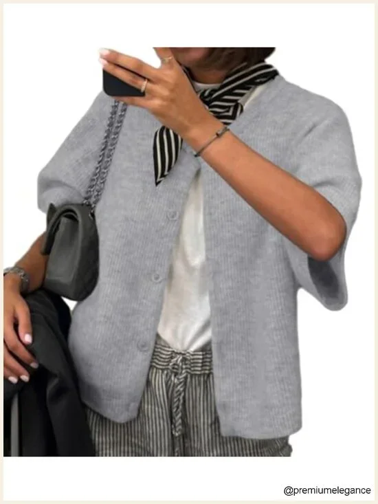 Womens Short Sleeve Cardigan Sweater Crew Neck Button Down Lightweight Knit