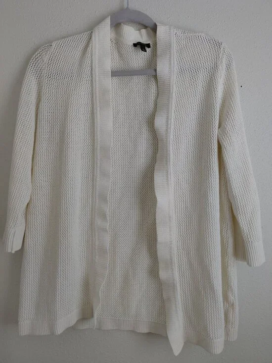 Talbots White Cotton Open Front Cardigan Sweater Quarter Sleeve Large Soft