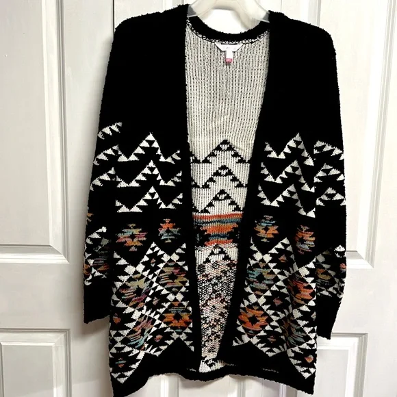 No Boundaries Black Aztec Print Long Open Cardigan Sweater Jr Size XL NWT
