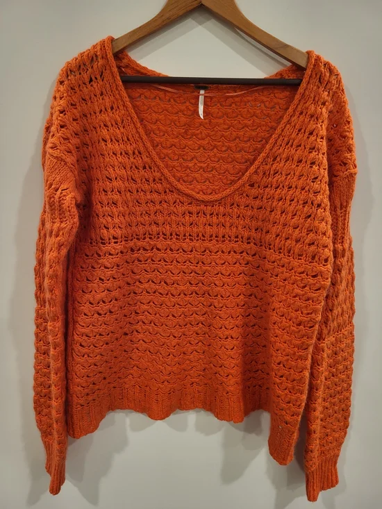 Free People Crashing Waves V-neck Chunky Open Knit Oversize Sweater Orange Small