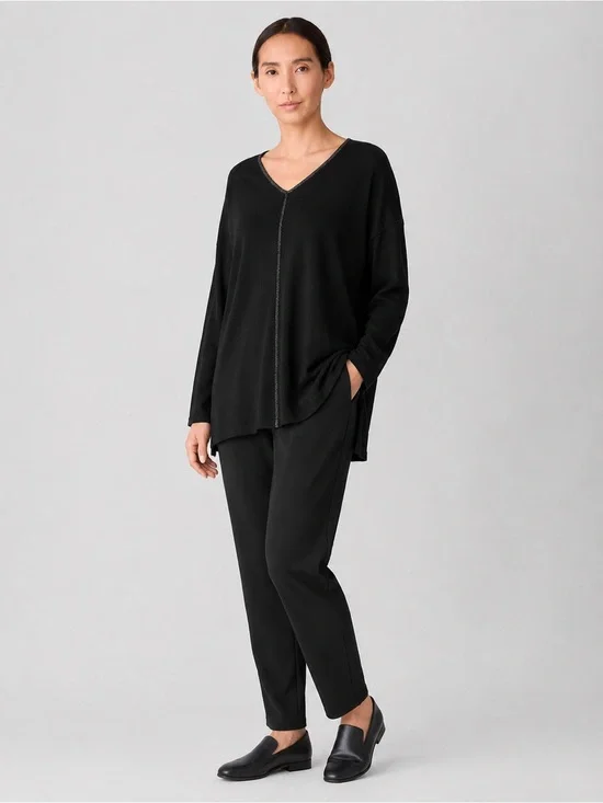 Eileen Fisher Merino Wool Metallic Trim V Neck Sweater Black Women Size S