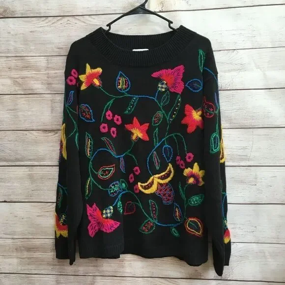 VINTAGE ROSANNA‎ EMBROIDERED SWEATER IN BLACK