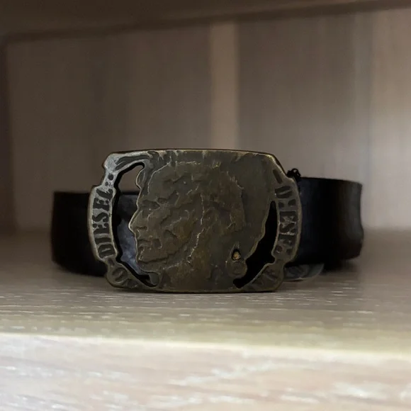 Diesel Black Leather Bracelet with Antique Bronze Plaque