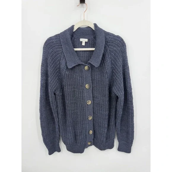 Garnet Hill isle Linen Cotton Shaker Knit relaxed Cardigan Women L Blue button