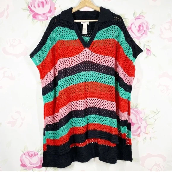NEW Free People Bayside Stripe Black Combo Crochet Knit Summer Knit Poncho OS
