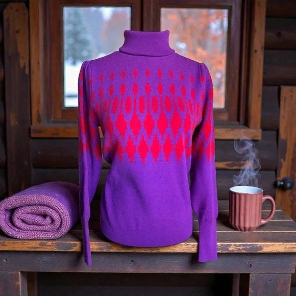 Ann Taylor Fair Isle Turtleneck Sweater Small Purple Red Knit‎ Winter Cozy