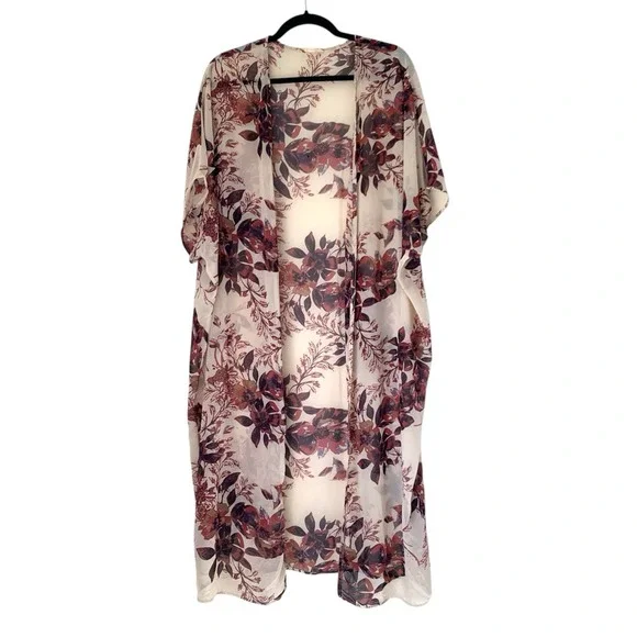 Emory Park Duster Kimono‎ Women OS Ivory Burgundy Purple Floral Sheer Longline