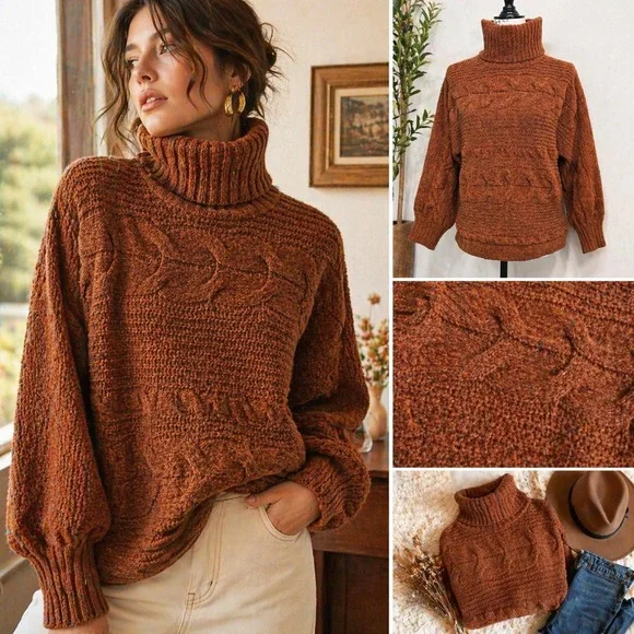 Olive & Oak Chunky Knit Turtleneck Sweater L Rust‎ Orange Textured Cozy Pullover