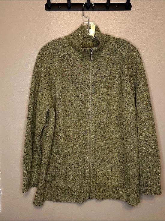 Evan Picone Olive Green Flecked Zip-Front Women's Cardigan