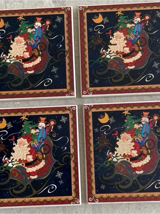 Set of 4 Christmas Santa In Sleigh | Ceramic Coasters W/ Cork Back