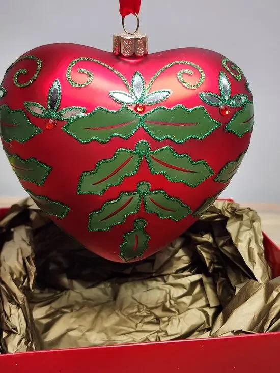 Waterford Ornamen Holiday Heirlooms Red Green Holly Jolly Heart Glass Christmas