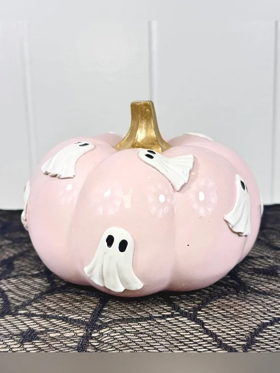 NEW Pink Pumpkin with Ghosts Halloween Decor