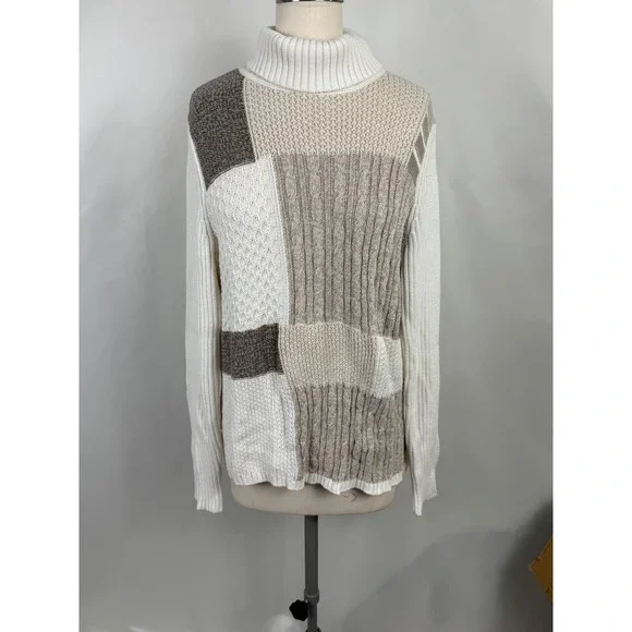 Liz&Co 1X Chunky Patchwork‎ Turtleneck Plus Sweater Cozy Neutral Holiday Casual