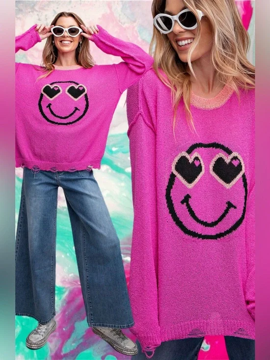 Easel | Delulu for the Plot Distressed Smiley Sweater Heart Eyes Pink New Small
