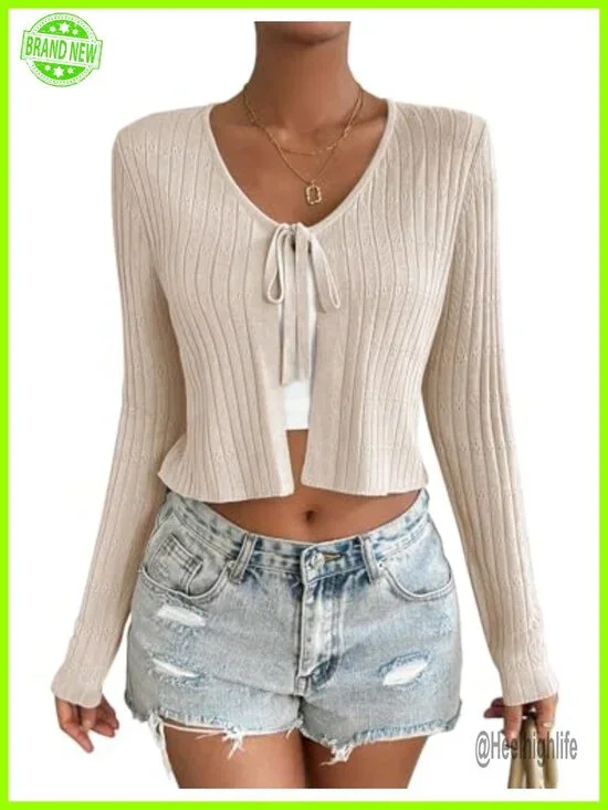Womens Tie Front Cardigan Long Sleeve Rib Knit Shrug Crop Top