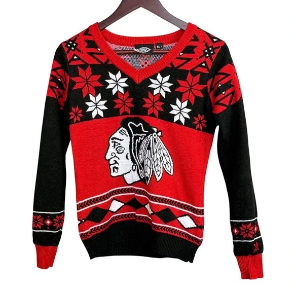 NHL Chicago Blackhawks Ugly Christmas Sweater Women Small Red Fair Isle V-Neck