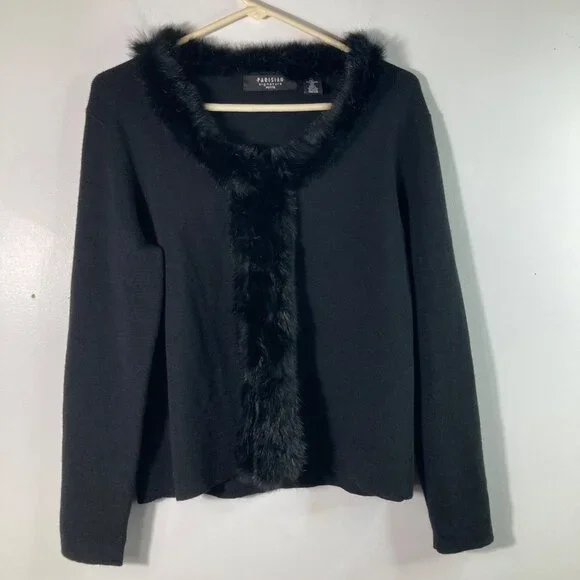 Vintage‎ Parisian Petite Merino Wool Cardigan Rabbit Fur Trim Black PL