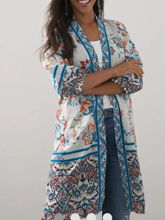 CHICO'S Rising Bloom Floral Open Front Kimono Jacket Cardigan Size 1/M