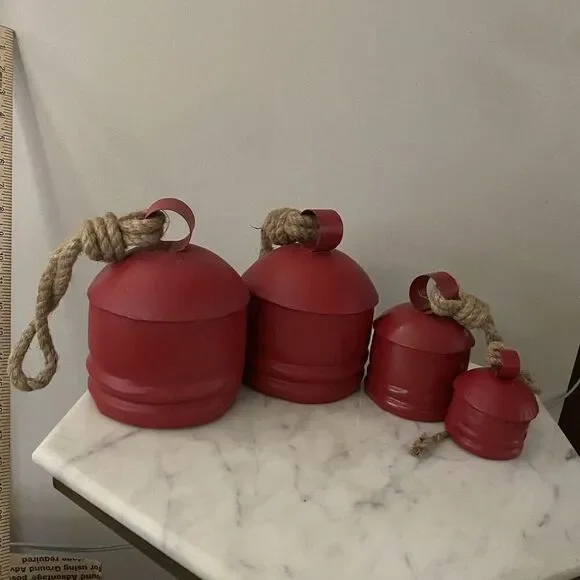Red Metal Tibetan Inspired Cylindrical Decorative Cow Bells Set of 3 Wood Strike