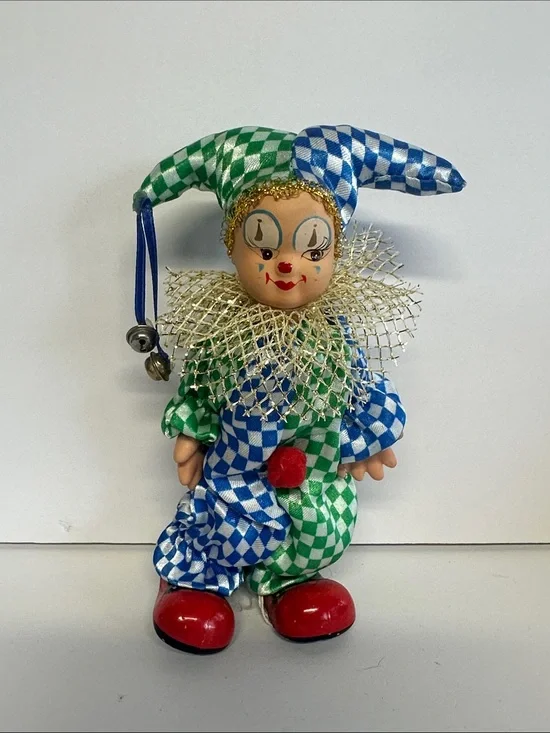 Handmade Jester Clown Ornament in Blue & Green Check