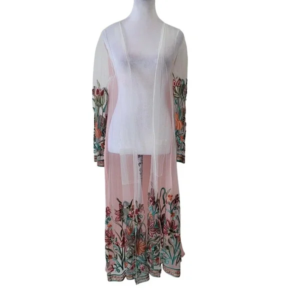 Wonderland by Orange Women's Size S Sheer Duster Cardigan‎ Pink Floral Mesh