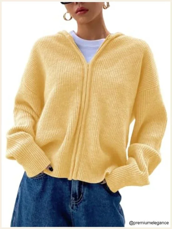 Zip Up Hooded Cardigan Sweater Knit Drop Shoulder Long Sleeve Fall Winter