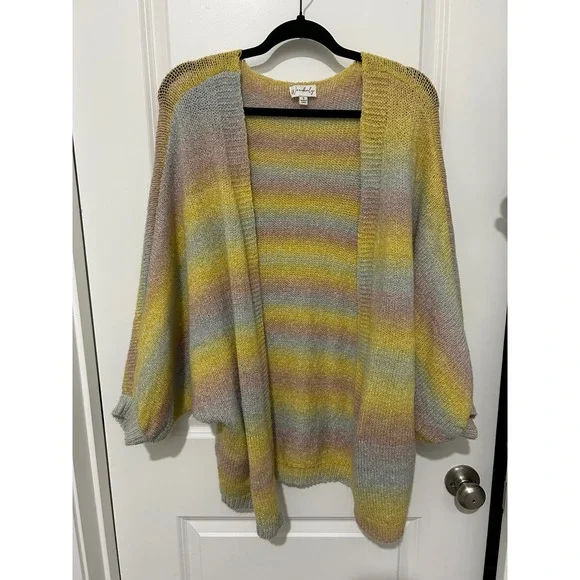 Wonderly Striped Open Front Cardigan Sweater Yellow‎ Pink Gray Size S
