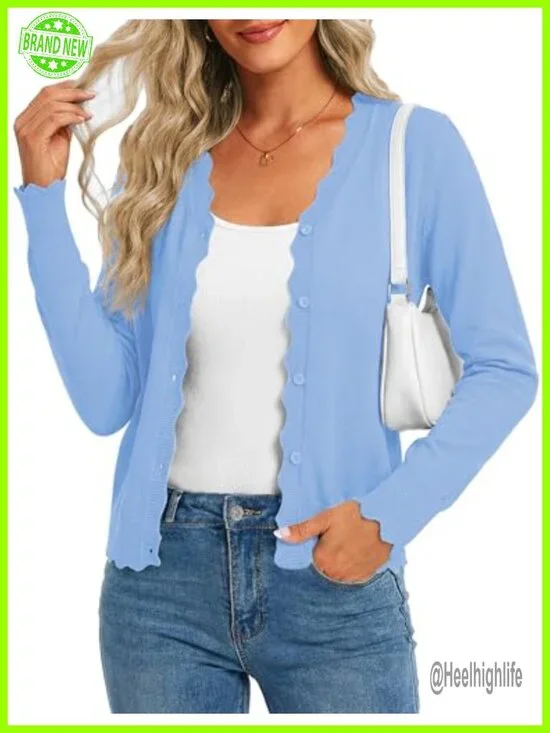 Women's V-Neck Cardigan Long Sleeve Button Lightweight Knitted Sweater