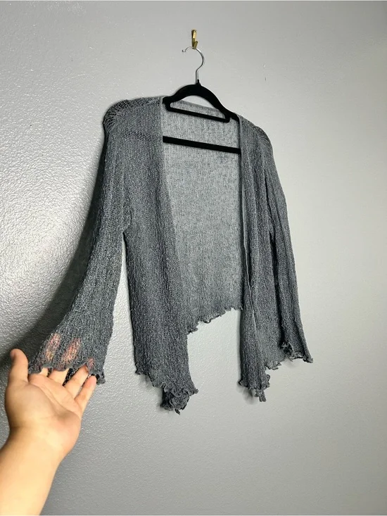 Gray Sheer Open-Front Ruffled Hem whimsigoth witchy Cardigan Shrug
