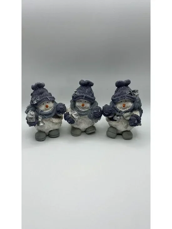 Set Of 3 Snowman Figurines With Knitted Hat & Scarf Glitter Finish Winter Decor