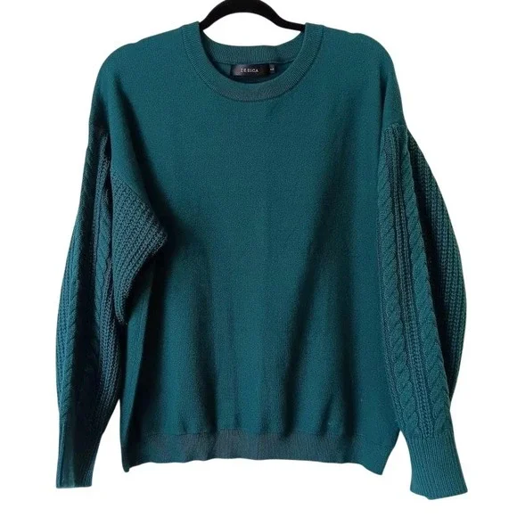 ZESICA Sweater Womens Large Green Cable‎ Knit Sleeve Crewneck Soft Knit Pullover