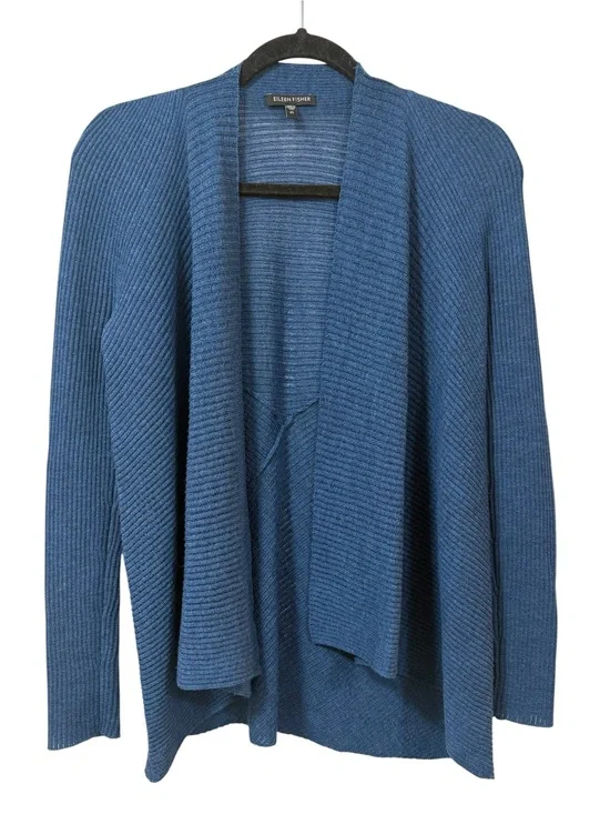 Eileen Fisher Blue Ribbed Open-Front Cardigan 100% wool sweater XS minimal