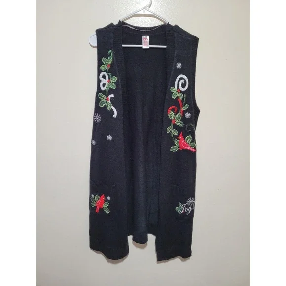 Tiara International Christmas Sweater‎ Vest Women XL Black Cardinal Joy