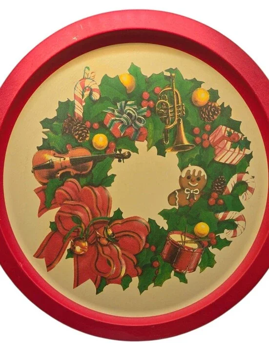 Vintage Christmas Round Tin Serving Tray Holiday Wreath Red Bow Candy Cane 12”