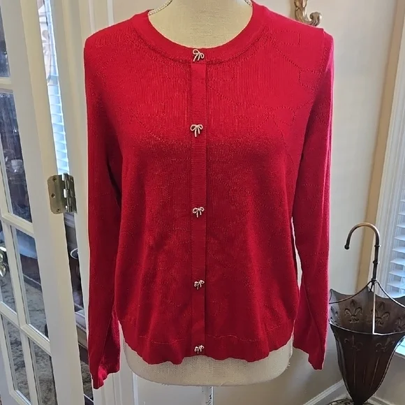 Adrianna Papell Haute Red Pullover Sweater silver bow buttons crewneck  MED NEW…