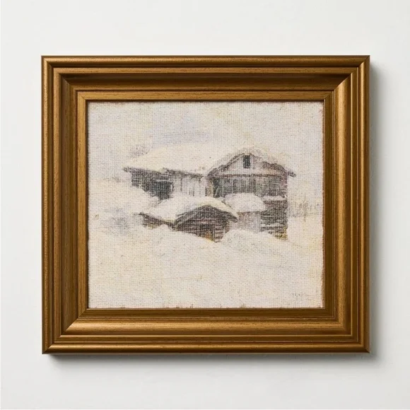 10”x11” Snowy Cabin Burlap Framed Wall Art - Hearth & Hand™ with Magnolia