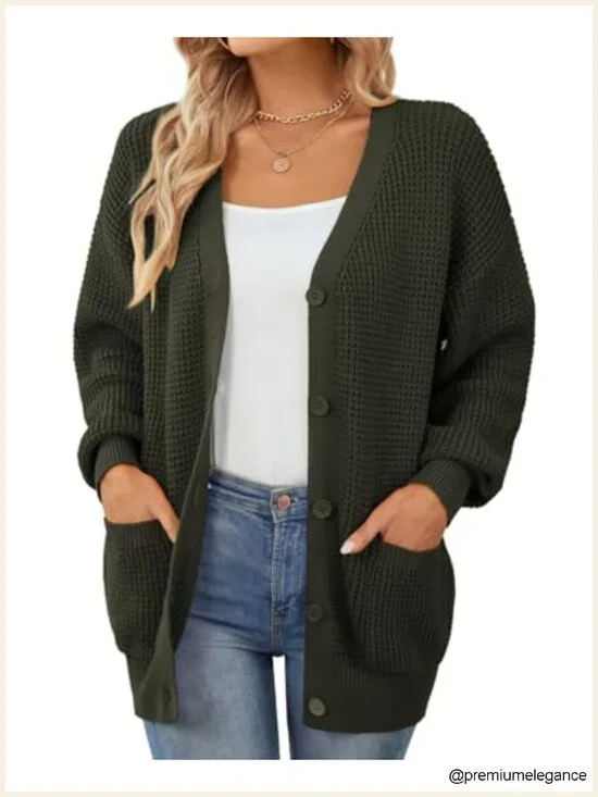 100% Cotton Oversized Cardigan with Pockets Button-Down Knit Outerwear