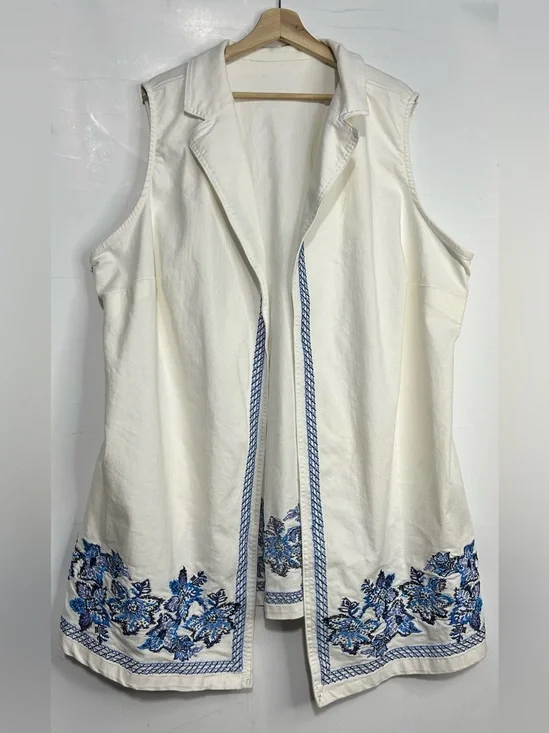 26W Blue Embroidered White‎ Open Front Denim Sleeveless Duster