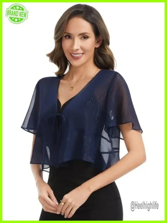 Shiny Chiffon Tie Front Shrug Bolero Cardigan Short Sleeve Sheer
