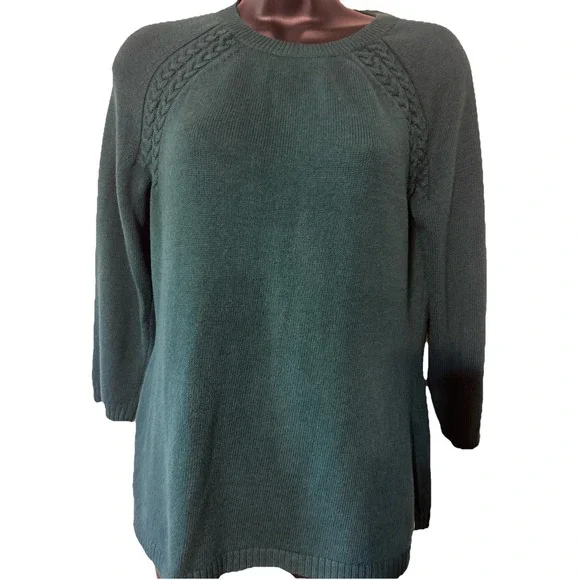 Talbots Emerald Green Cable Knit Sweater Womens Size‎ Small Zip Back 3/4 Sleeves