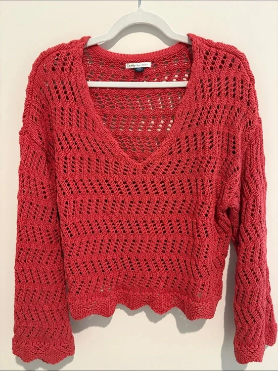 American Eagle Outfitters Cropped Open-Knit V-Neck Sweater - Crimson Red