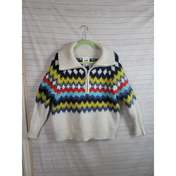 AERIE QUARTER ZIP ARGYLE SWEATER WOOL BLEND, SZ SMALL