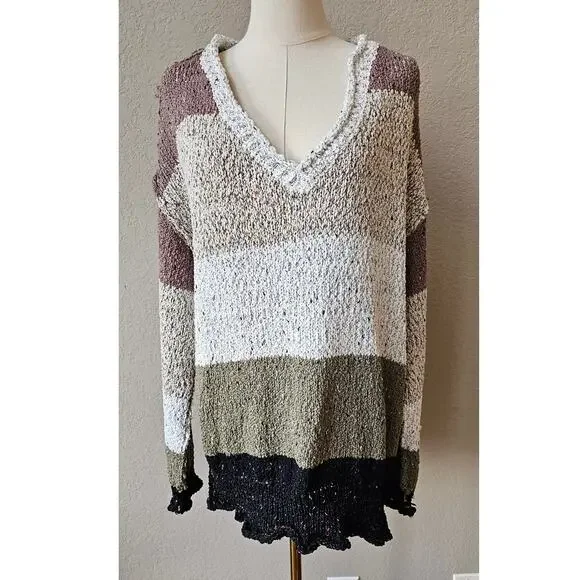 POL Colorblock Long Sleeve V-Neck Oversized Sweater Multicolor Womens Size Large