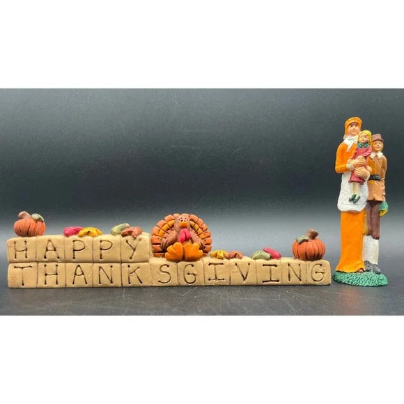 Thanksgiving Decor Set Happy Thanksgiving Block Sign Pilgrim Family Figurine 4