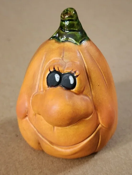 Halloween Ceramic Anthropomorphic Pumpkin Silly Face Handpainted 3.75