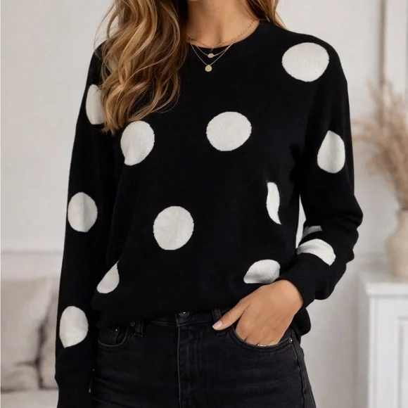 T Tahari Black Polka Dot Sweater Size L White Dot Knit Chic Parisian Minimalist